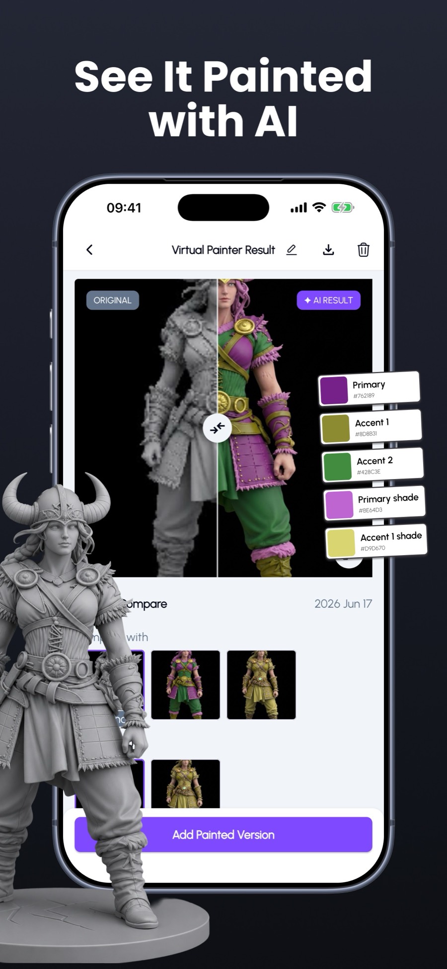 KitColorsPro AI Virtual Painter — grey miniature next to the AI-painted result